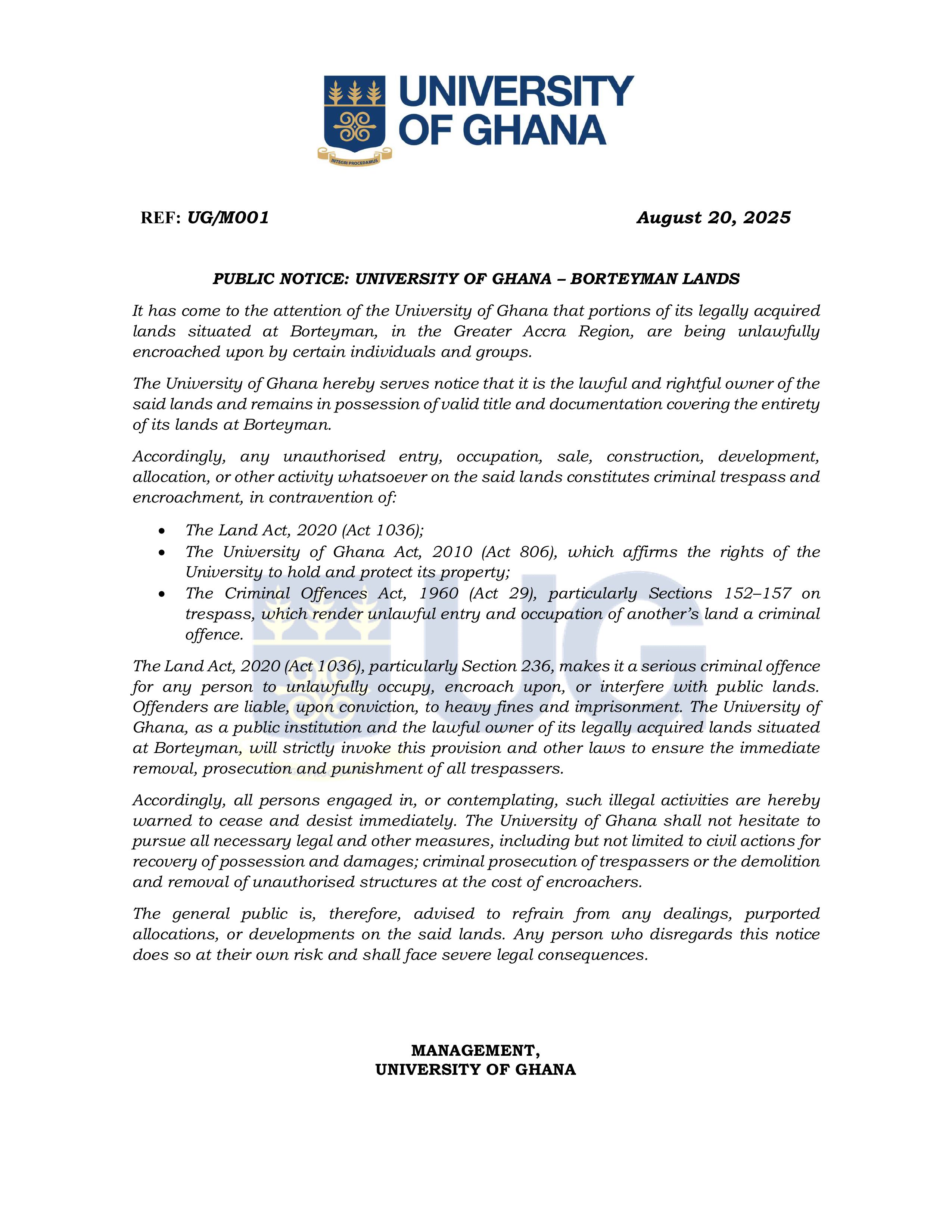 UG engages National Security to address land encroachment at Borteyman